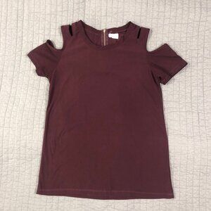 Glitz Top Women Large Burgundy Cold Shoulder Back Zipper Short Sleeve Shirt
